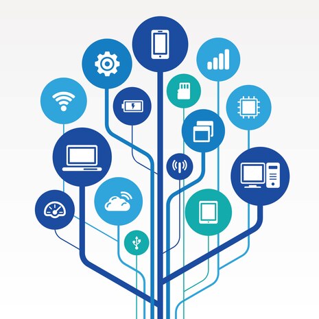 Flussdiagramm für das digitale Zeitalter, Abbildung von Laptop, WLAn-Symbol, Handy und ähnlichen Symbolen der Digitalisierung