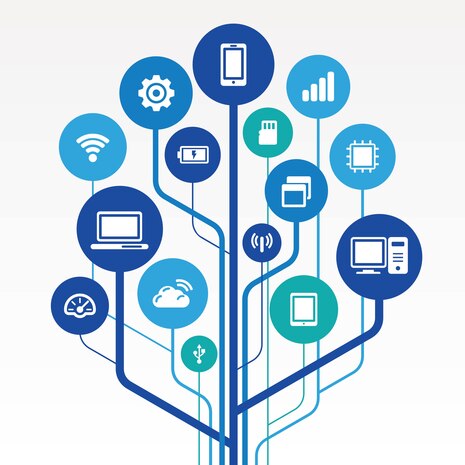 Eine Vektorillustration von 15 Technologiesymbolen, die mit einer Gruppe von Schaltkreisen verbunden sind, die die Form eines Baums vor weißem Hintergrund bilden. Jedes Symbol ist von einem hell- oder dunkelblauen Kreis umgeben. Die Schaltkreise, die die 