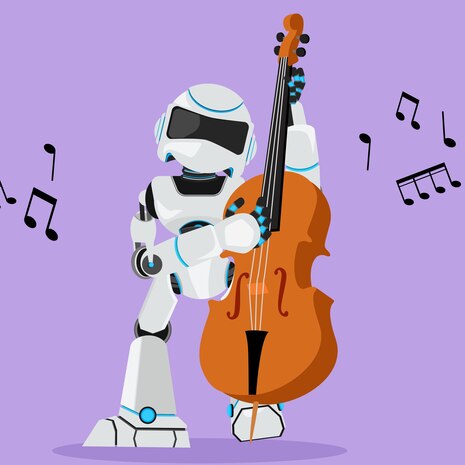 grafisches flaches Design Zeichnung; Robotermusiker spielt Kontrabass