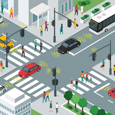 Intelligenter Transport, Menschen und Fahrzeuge, die sich auf den Straßen der Stadt bewegen, mit Sensoren, IoT und Smart-City-Konzept