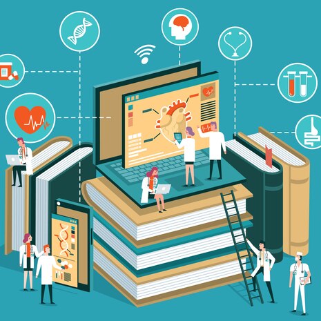 grafische Darstellung Medizin lernen, Bücher, Laptops, Ärztinnen und Ärzte
